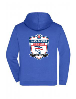 Preview: Sweatjacke "Hansa Fanclub Nordhessen" mit Kapuze & Kangurutasche - royalblau - Brustlogo & gr. Rückenlogo